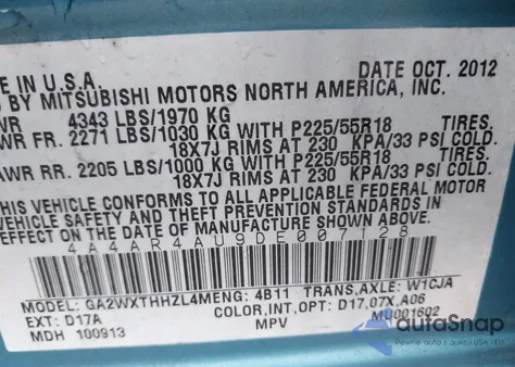 2013 Mitsubishi Outlander Sport Se из США, поврежденный, VIN 4A4AR4AU9DE007128